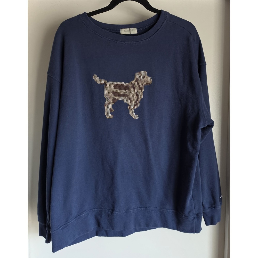 Ragabond Free People Dog Cross Stitch S Blue Crewneck Cotton Pullover Top